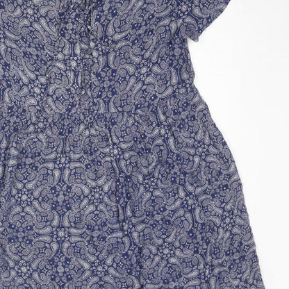 Divided by H&M Womens Blue Geometric Viscose A-Line Size 10 Round Neck Lace Up