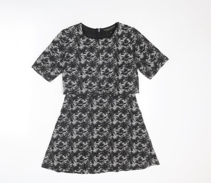 Topshop Womens Grey Floral Polyester A-Line Size 8 Round Neck Zip