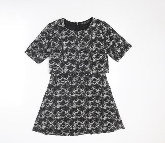 Topshop Womens Grey Floral Polyester A-Line Size 8 Round Neck Zip