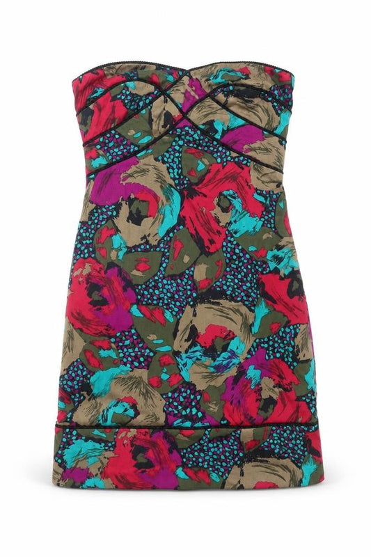 Front view of ASOS women’s multicoloured floral cotton a-line, size UK 10, off the shoulder zip