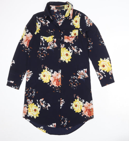 Mela London Womens Blue Floral Polyester Skater Dress Size 8 Collared Button