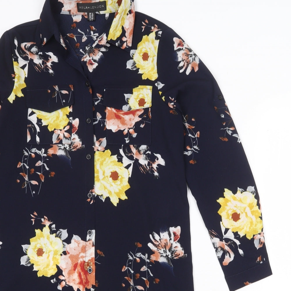 Mela London Womens Blue Floral Polyester Skater Dress Size 8 Collared Button