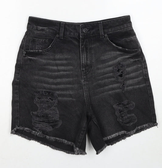Boohoo Womens Black Cotton Cut-Off Shorts Size 8 Regular Zip - Distressed look