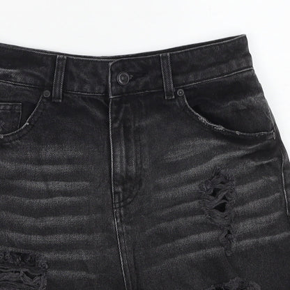 Boohoo Womens Black Cotton Cut-Off Shorts Size 8 Regular Zip - Distressed look