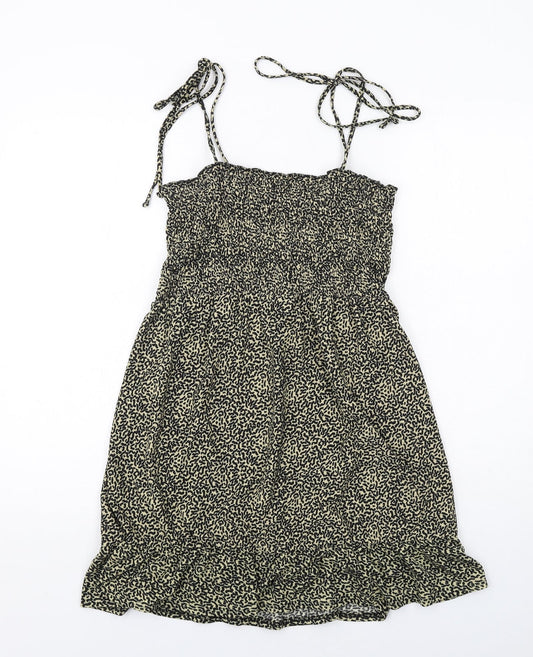 Topshop Womens Black Geometric Polyester A-Line Size 10 Square Neck Pullover - Tie Strap Detail