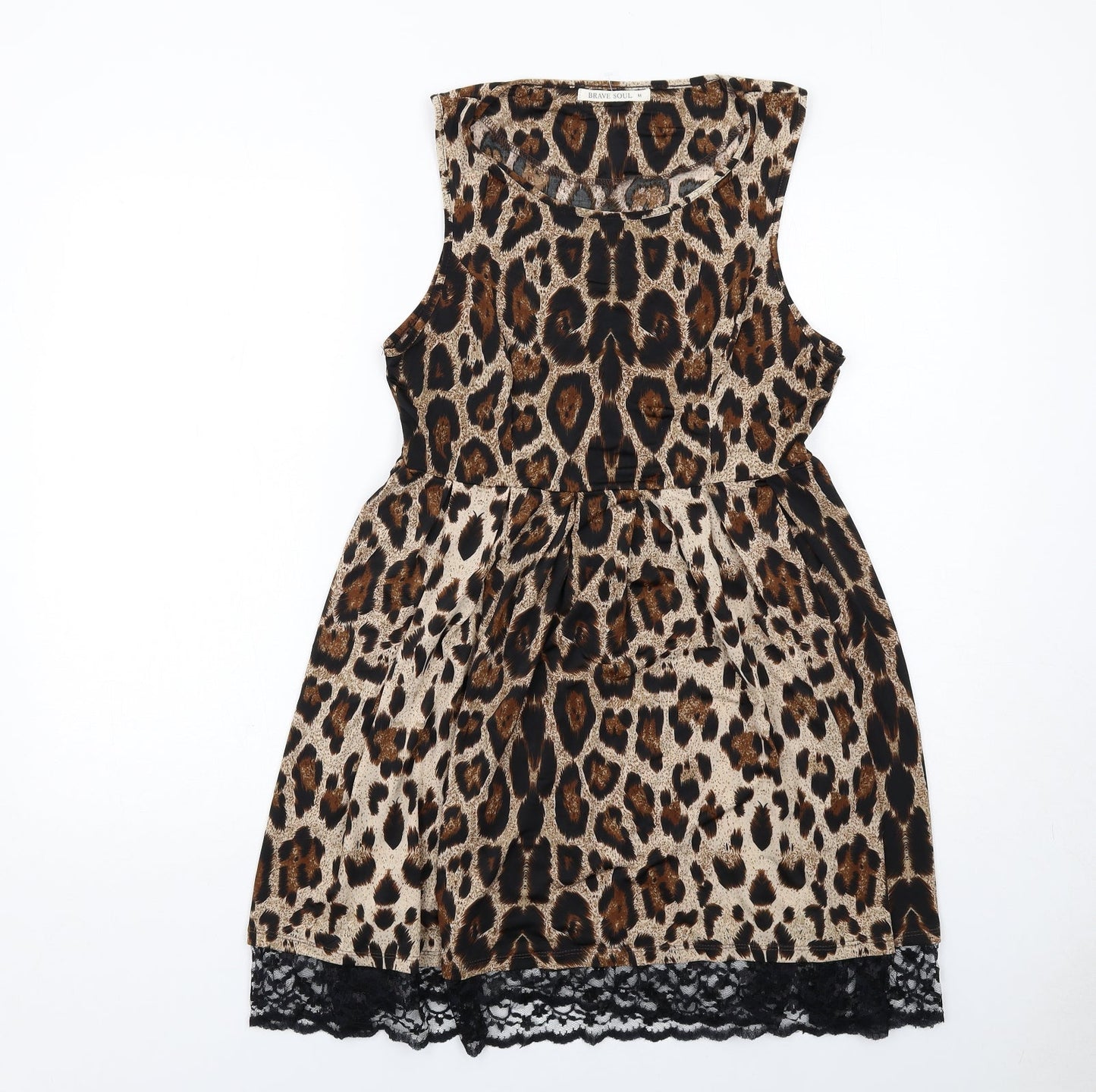 Brave Soul Womens Brown Animal Print Polyester A-Line Size M Boat Neck Pullover - Leopard Print