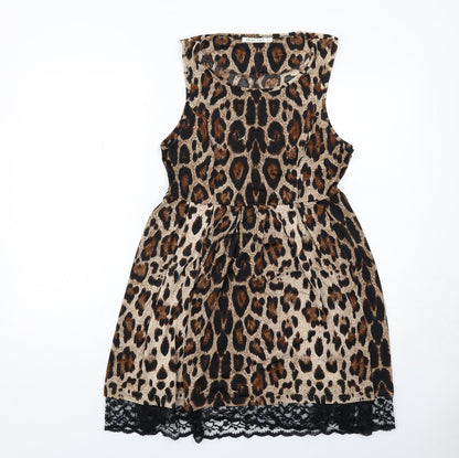 Brave Soul Womens Brown Animal Print Polyester A-Line Size M Boat Neck Pullover - Leopard Print