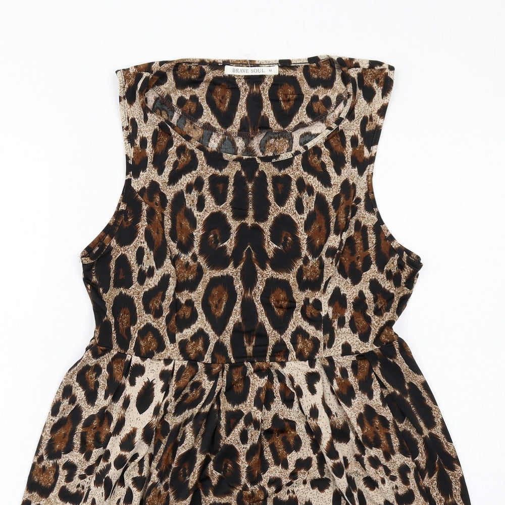 Brave Soul Womens Brown Animal Print Polyester A-Line Size M Boat Neck Pullover - Leopard Print