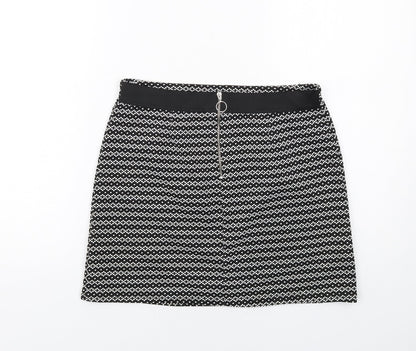 New Look Womens Black Geometric Polyester A-Line Skirt Size 12 Zip