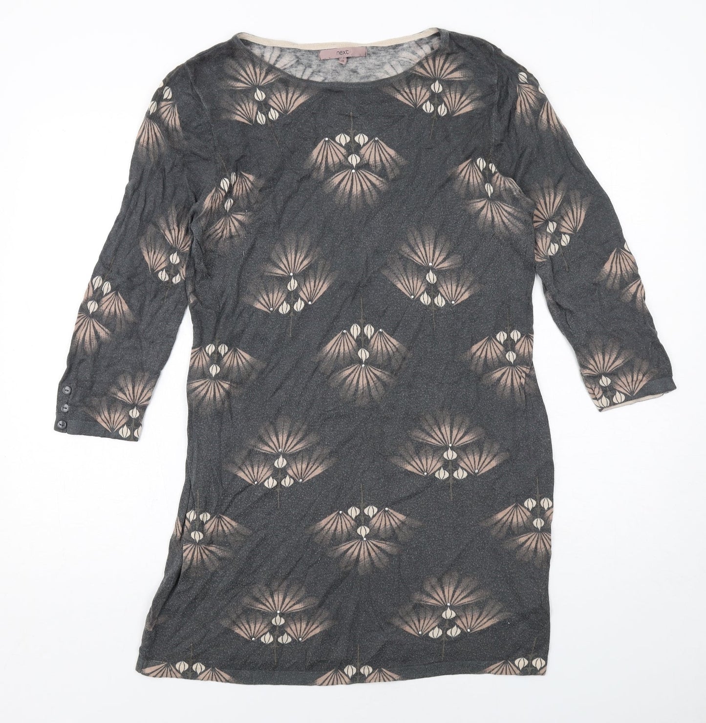 NEXT Womens Grey Geometric Cotton Jumper Dress Size 14 Round Neck Pullover