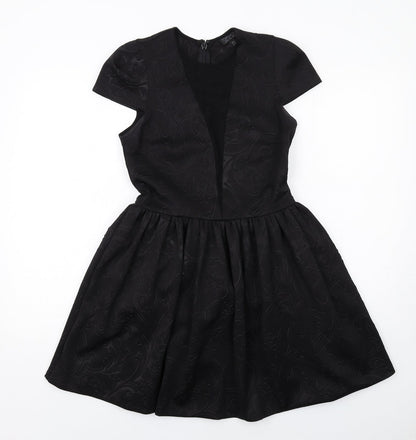 Topshop Womens Black Geometric Polyester Fit & Flare Size 12 Round Neck Zip