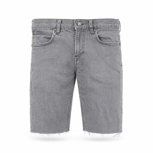 Front view of French Connection men’s grey cotton chino shorts, size 28, in slim zip - frayed hem