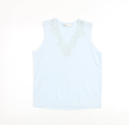 BHS Womens Blue V-Neck Acrylic Pullover Jumper Size 12 - Lace Detail