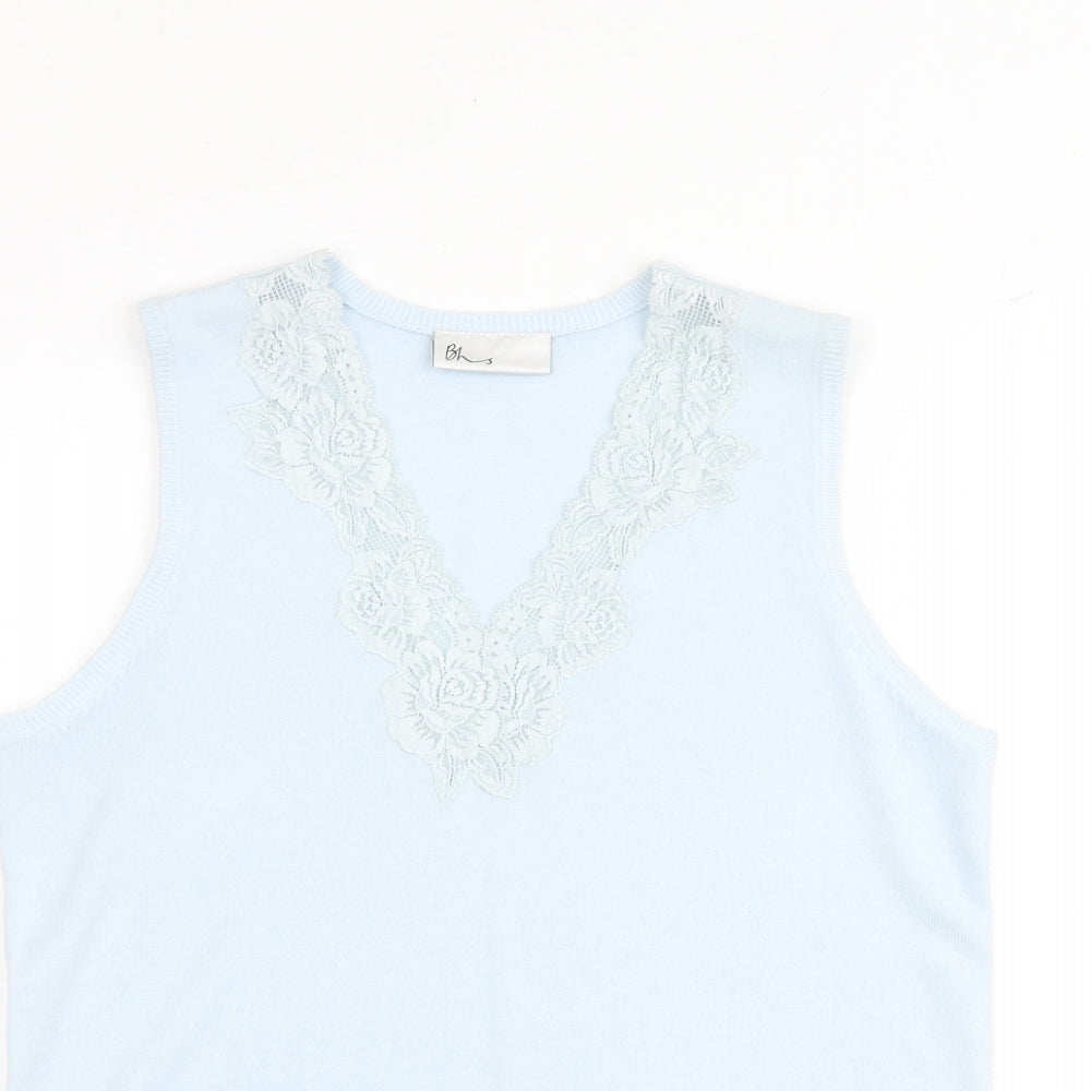 BHS Womens Blue V-Neck Acrylic Pullover Jumper Size 12 - Lace Detail