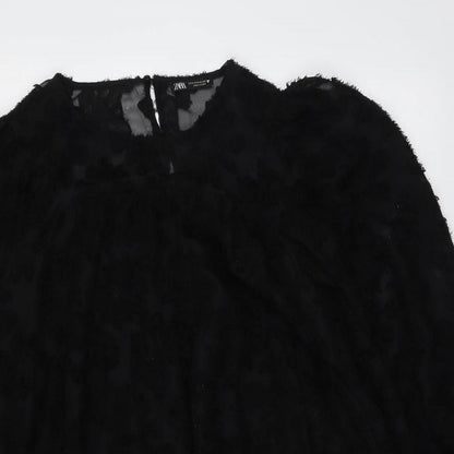 Zara Womens Black Polyester A-Line Size S Round Neck Button