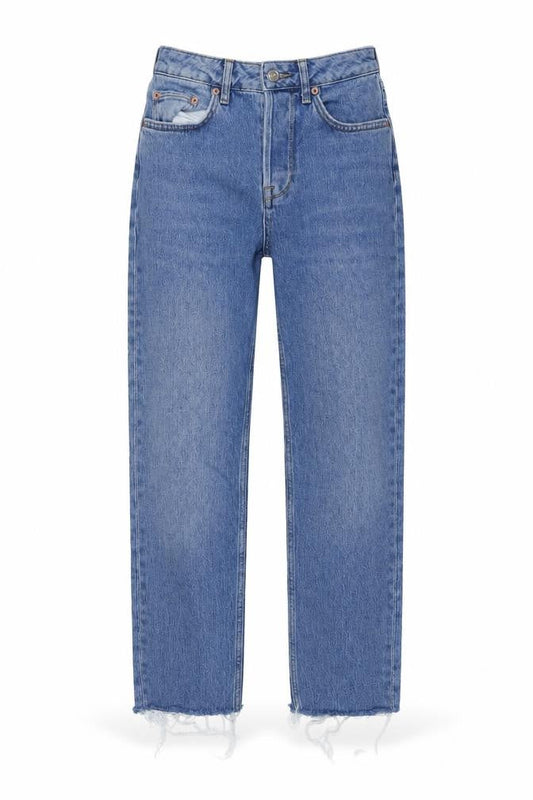 Front view of BDG women’s blue cotton straight jeans, size UK 27, in, 25-inch leg regular button