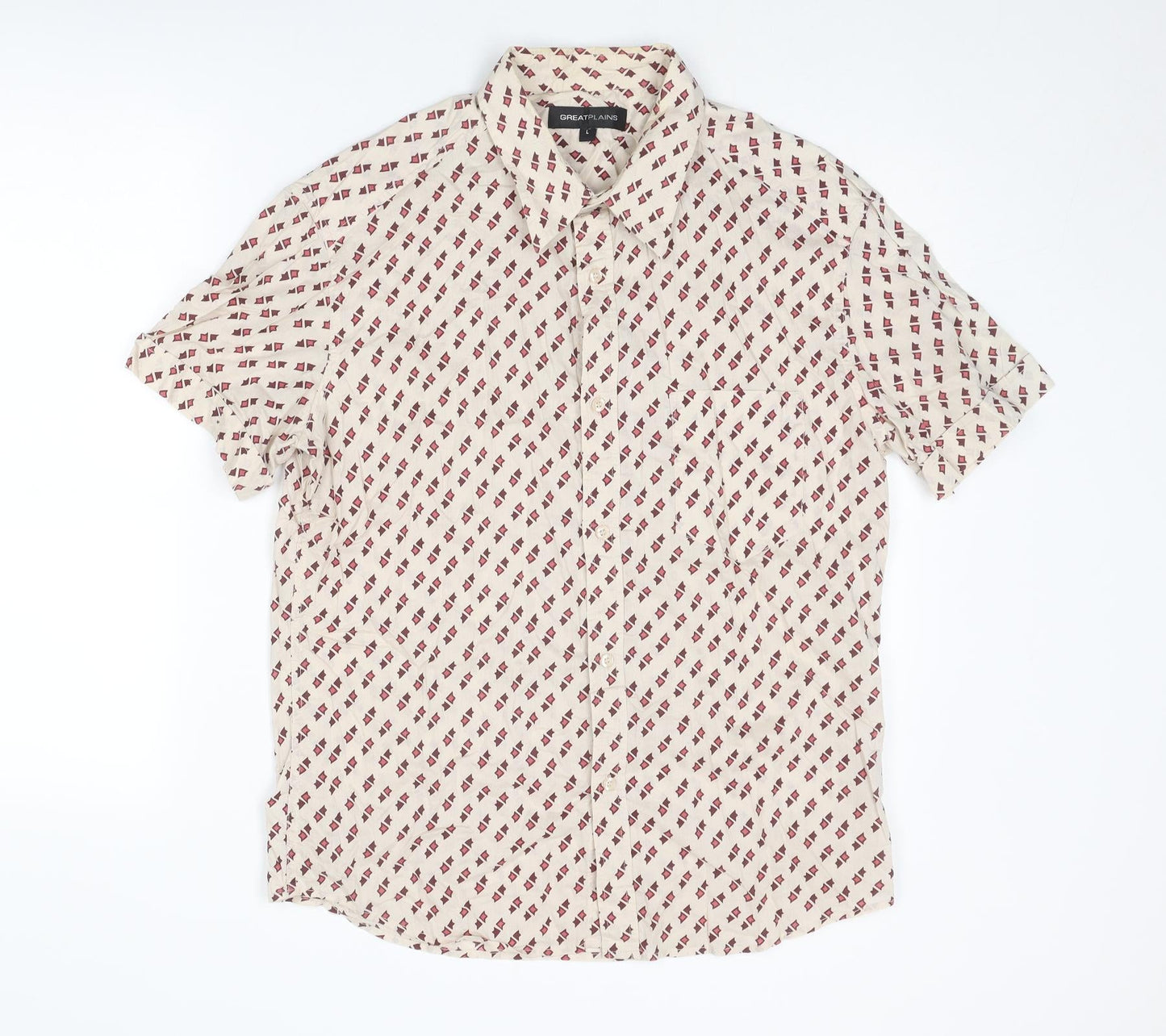 Mens UK Size L Great Plains Beige  Button-Up Short Sleeve Casual Shirt