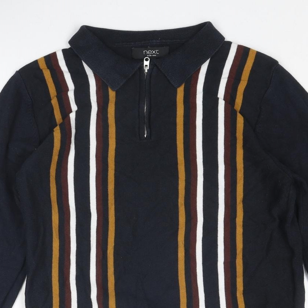 NEXT Mens Blue Collared Striped Cotton Henley Jumper Size S Long Sleeve