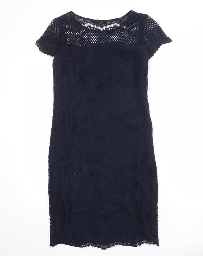 NEXT Womens Blue Polyester Pencil Dress Size 10 Boat Neck Pullover - Crochet Overlay