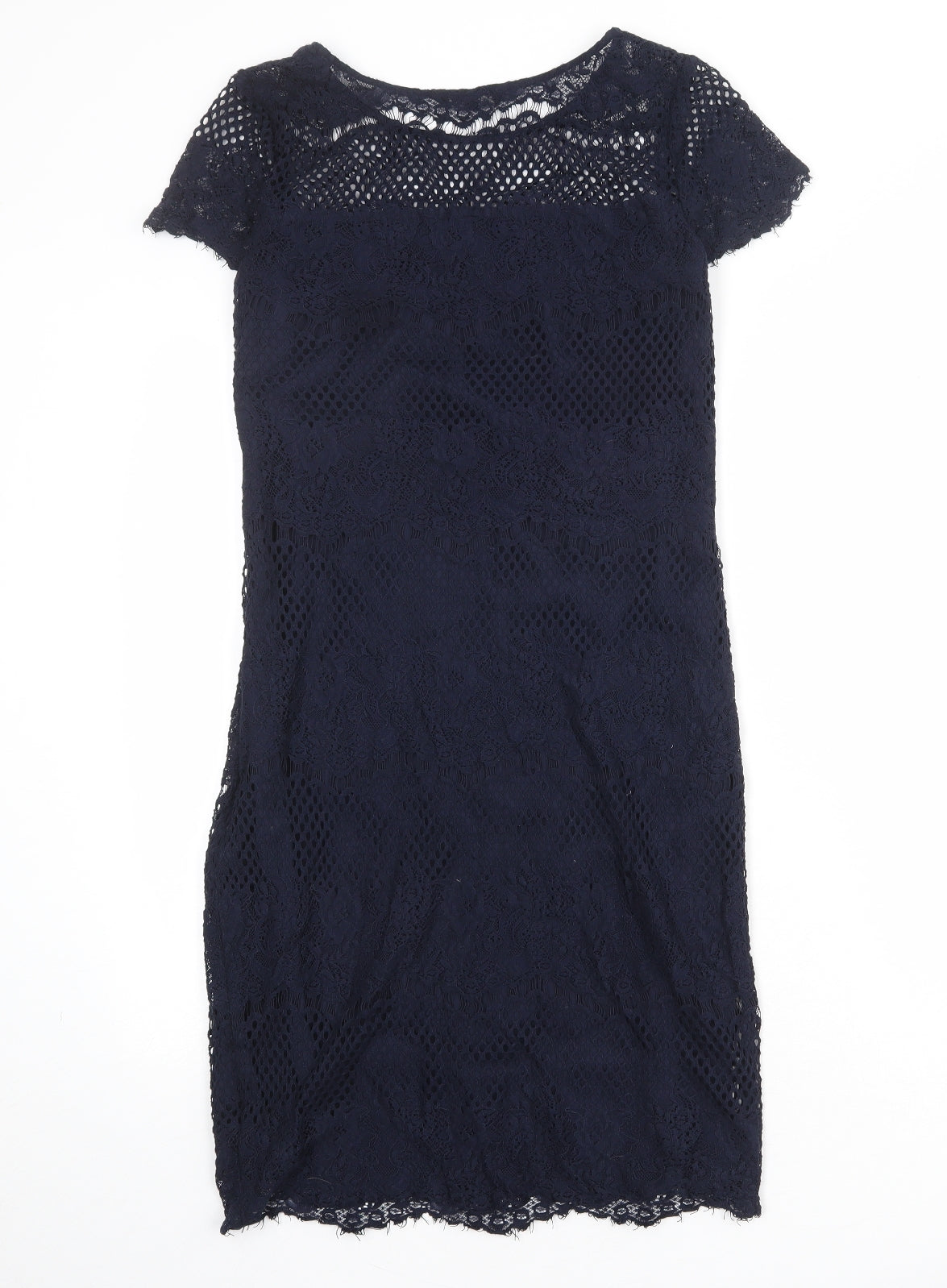 NEXT Womens Blue Polyester Pencil Dress Size 10 Boat Neck Pullover - Crochet Overlay