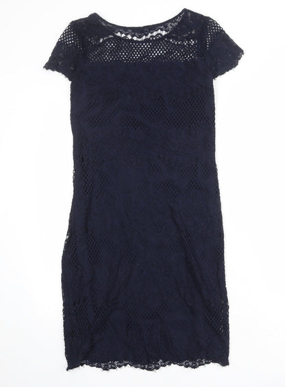 NEXT Womens Blue Polyester Pencil Dress Size 10 Boat Neck Pullover - Crochet Overlay