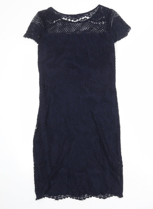 NEXT Womens Blue Polyester Pencil Dress Size 10 Boat Neck Pullover - Crochet Overlay