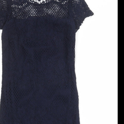 NEXT Womens Blue Polyester Pencil Dress Size 10 Boat Neck Pullover - Crochet Overlay