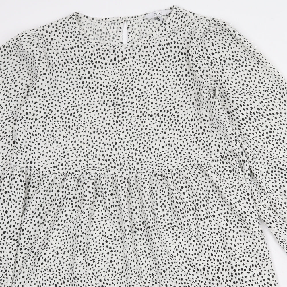 NEXT Womens White Animal Print Polyester A-Line Size 6 Round Neck Button