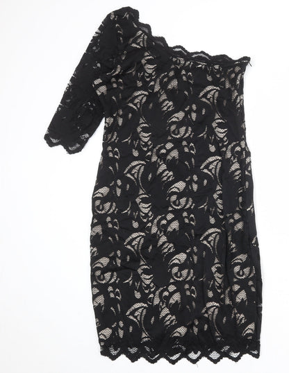 H&M Womens Black Floral Polyamide A-Line Size M One Shoulder Zip