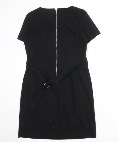 NEXT Womens Black Geometric Polyester Shift Size 12 Round Neck Zip