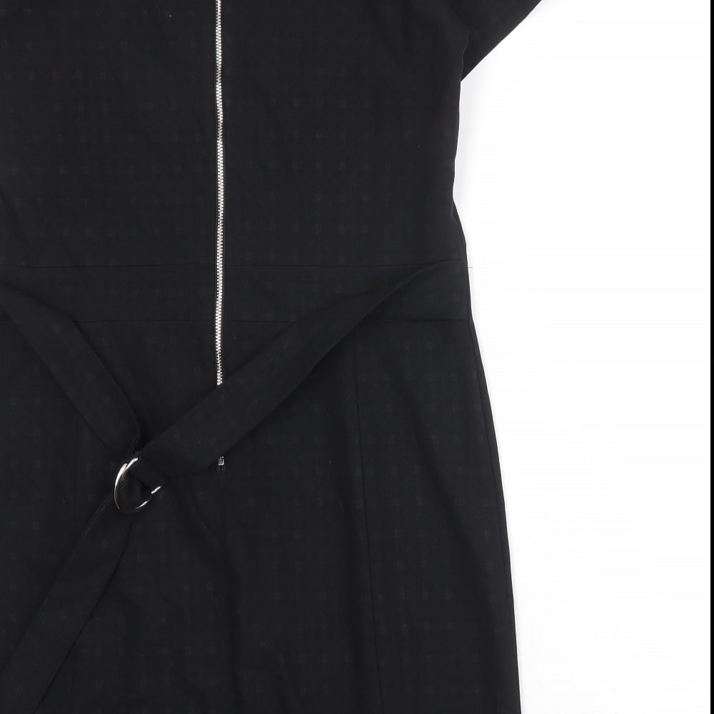 NEXT Womens Black Geometric Polyester Shift Size 12 Round Neck Zip