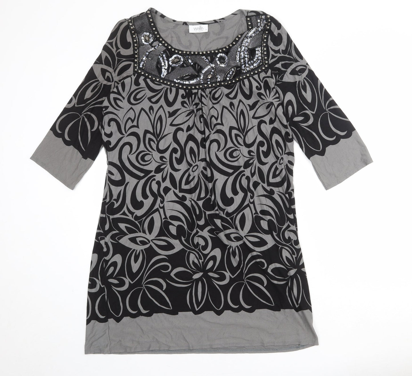 Wallis Womens Grey Geometric Viscose Ball Gown Size 18 Round Neck Pullover