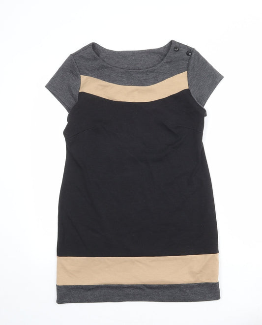 BHS Womens Black Colourblock Polyester Shirt Dress Size 10 Round Neck Button