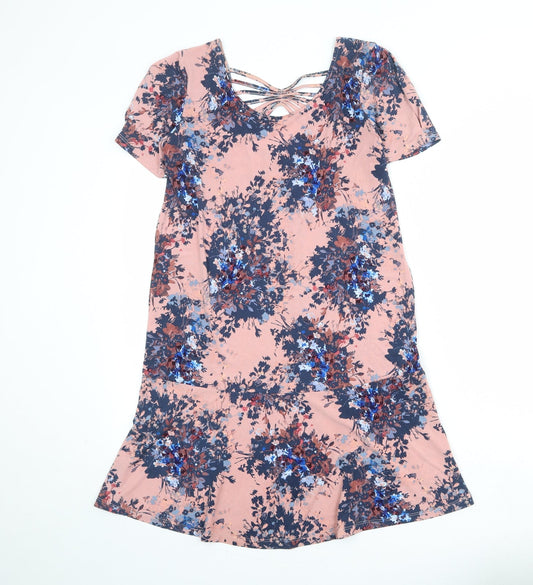 NEXT Womens Pink Floral Polyester T-Shirt Dress Size 10 Round Neck Pullover