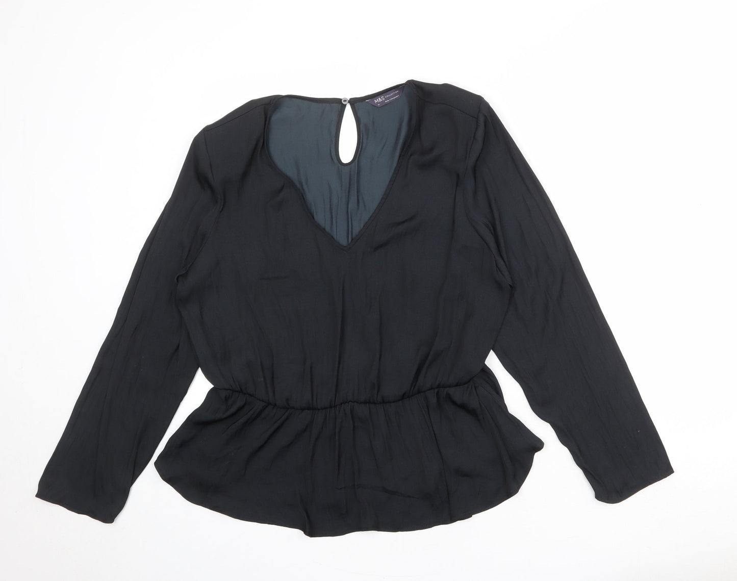 Marks and Spencer Womens Black Polyester Basic Blouse Size 10 V-Neck