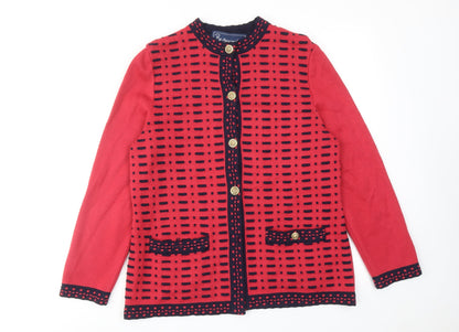 Belmondo Womens Red Round Neck Geometric Acrylic Cardigan Jumper Size 14