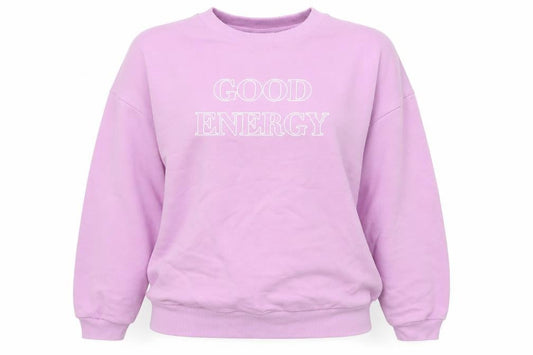 Front view of ASOS women’s pink cotton pullover sweatshirt, size UK 8, pullover - good energy