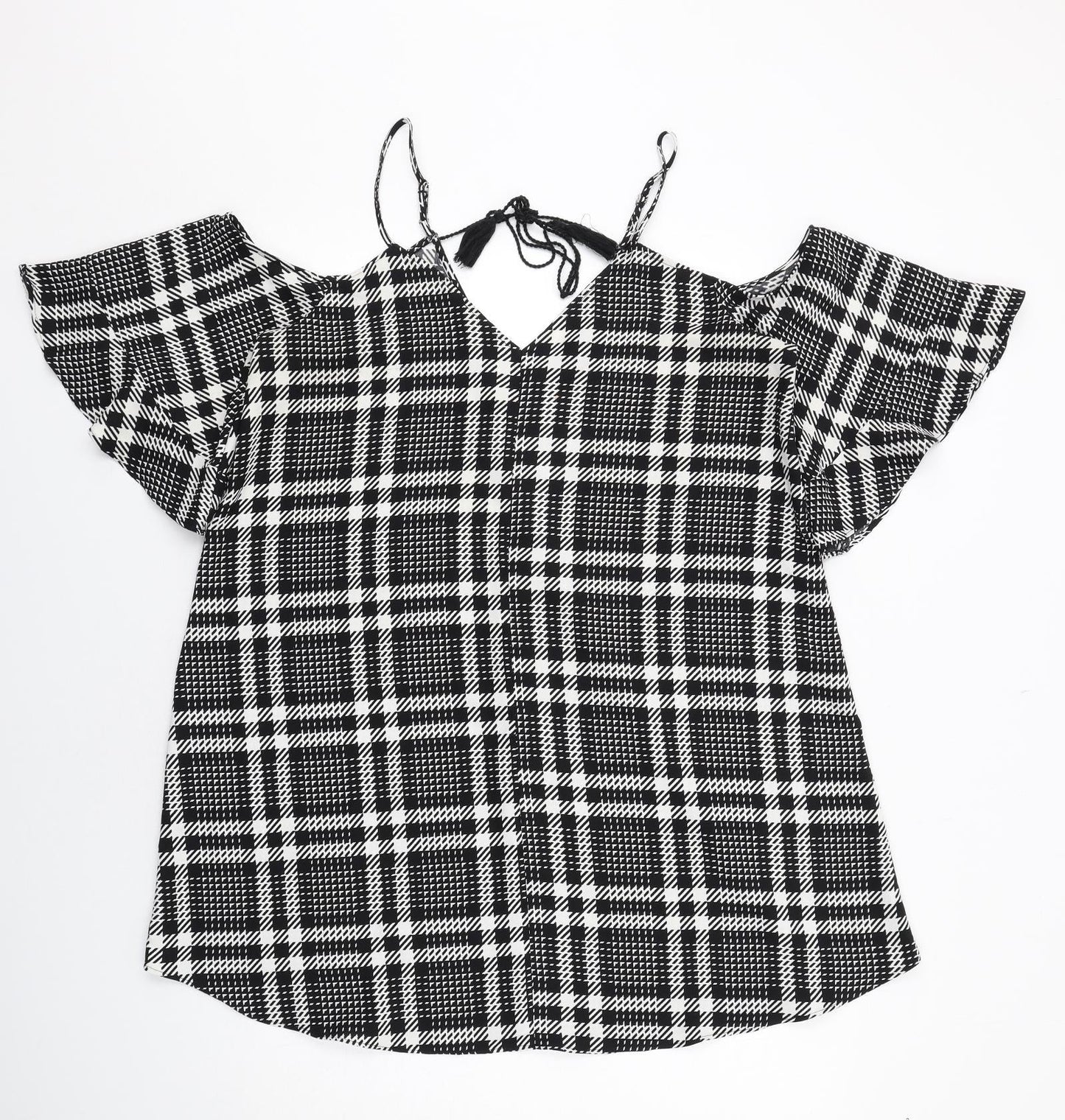 River Island Womens Black Plaid Polyester Trapeze & Swing Size 16 V-Neck Pullover - Cold Shoulder Detail