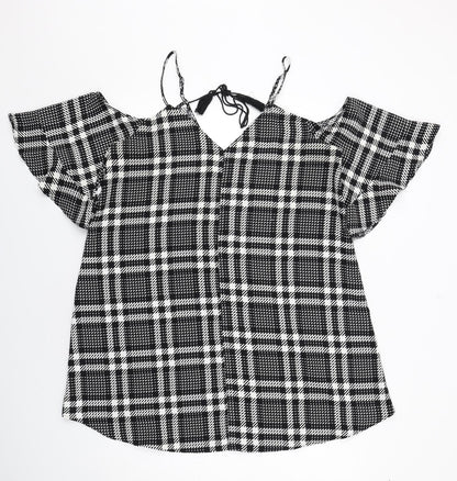 River Island Womens Black Plaid Polyester Trapeze & Swing Size 16 V-Neck Pullover - Cold Shoulder Detail