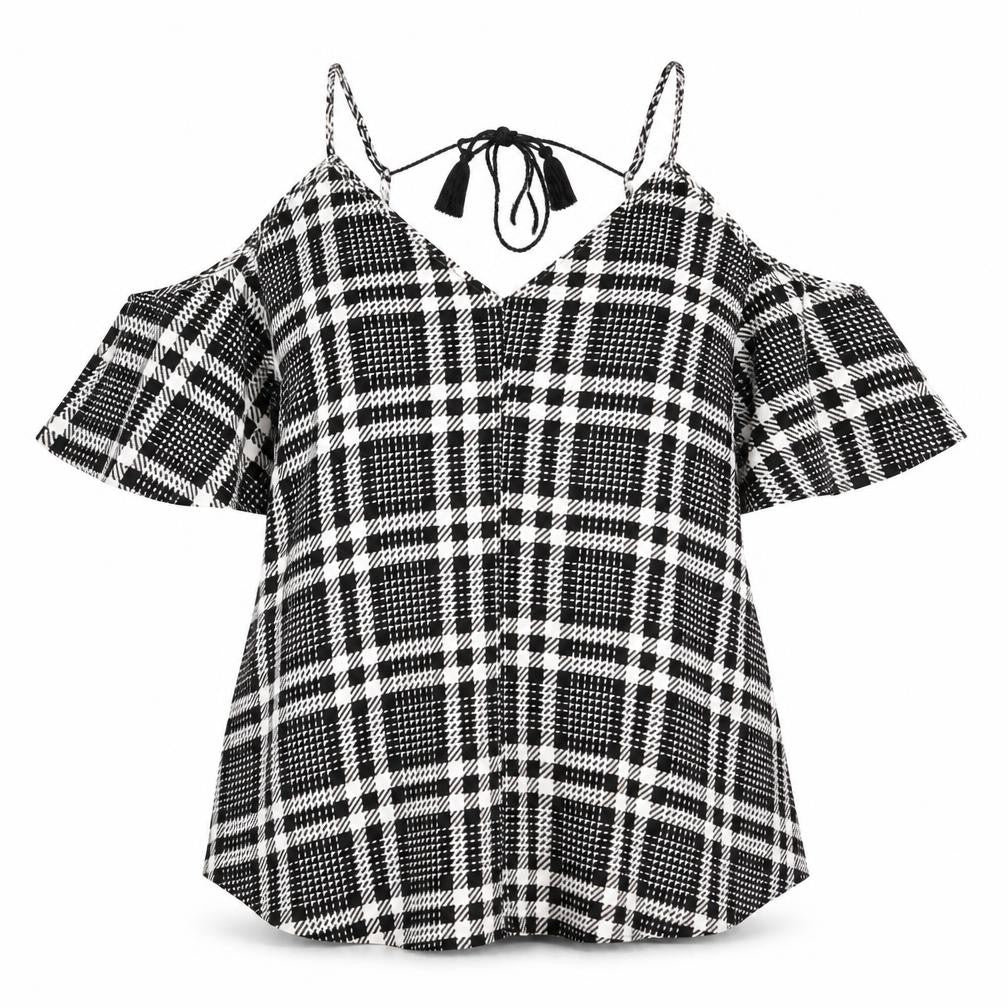 River Island Womens Black Plaid Polyester Trapeze & Swing Size 16 V-Neck Pullover - Cold Shoulder Detail