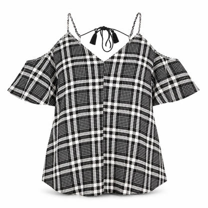 River Island Womens Black Plaid Polyester Trapeze & Swing Size 16 V-Neck Pullover - Cold Shoulder Detail