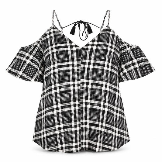River Island Womens Black Plaid Polyester Trapeze & Swing Size 16 V-Neck Pullover - Cold Shoulder Detail