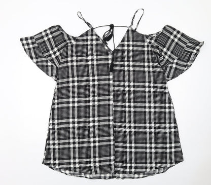 River Island Womens Black Plaid Polyester Trapeze & Swing Size 16 V-Neck Pullover - Cold Shoulder Detail