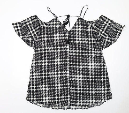 River Island Womens Black Plaid Polyester Trapeze & Swing Size 16 V-Neck Pullover - Cold Shoulder Detail