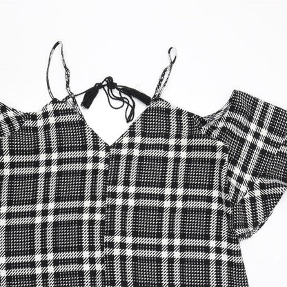 River Island Womens Black Plaid Polyester Trapeze & Swing Size 16 V-Neck Pullover - Cold Shoulder Detail