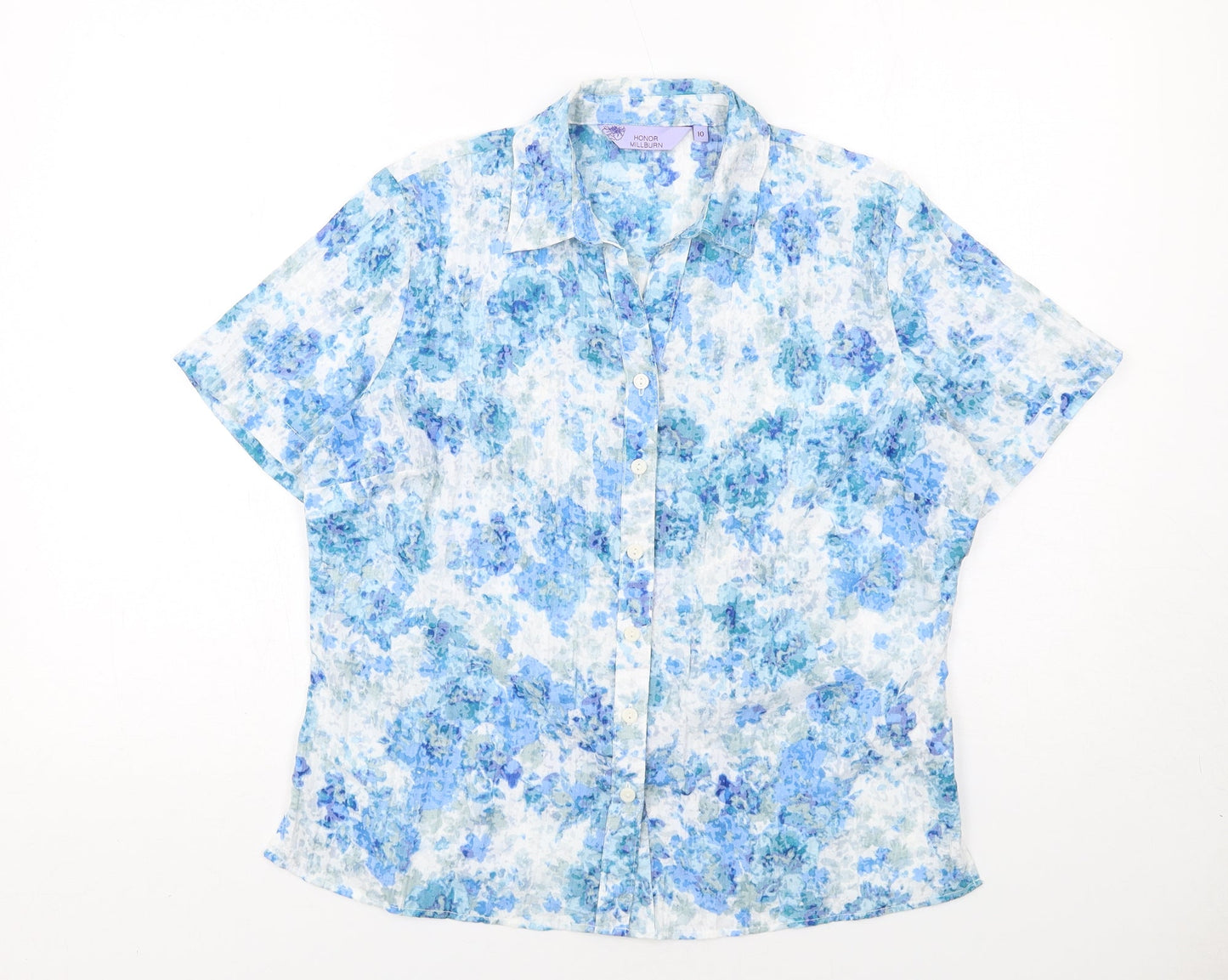 EWM Womens Blue Geometric Polyester Basic Button-Up Size 10 Collared