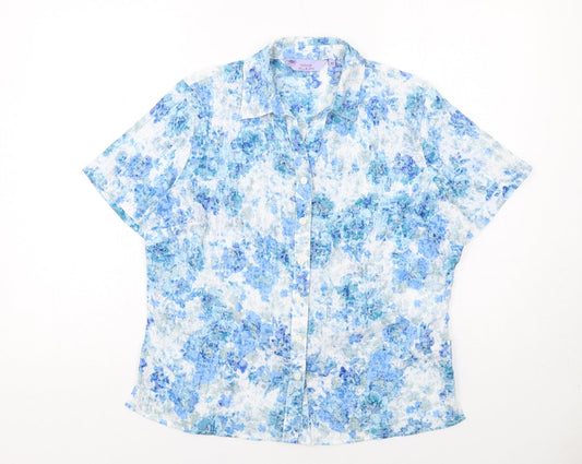 EWM Womens Blue Geometric Polyester Basic Button-Up Size 10 Collared