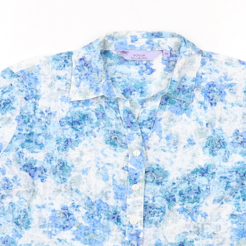 EWM Womens Blue Geometric Polyester Basic Button-Up Size 10 Collared