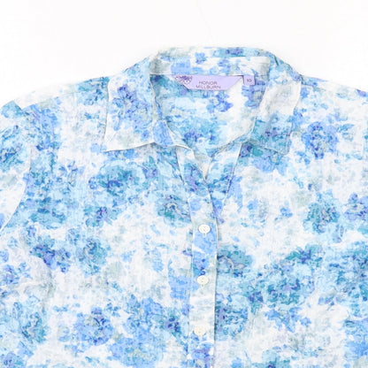 EWM Womens Blue Geometric Polyester Basic Button-Up Size 10 Collared