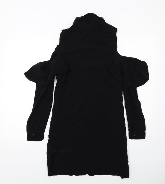 Miss Selfridge Womens Black Viscose Shirt Dress Size 8 Collared Button - Cold shoulder